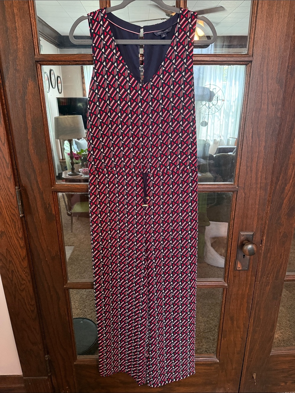 Tommy Hilfiger Womens Navy Red Geometric Wide‎ Leg Sleeveless Jumpsuit Size 8